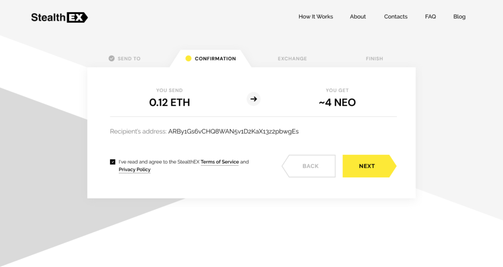 How to buy Neo coin on StealthEX. Tutorial article. Confirmation Exchange