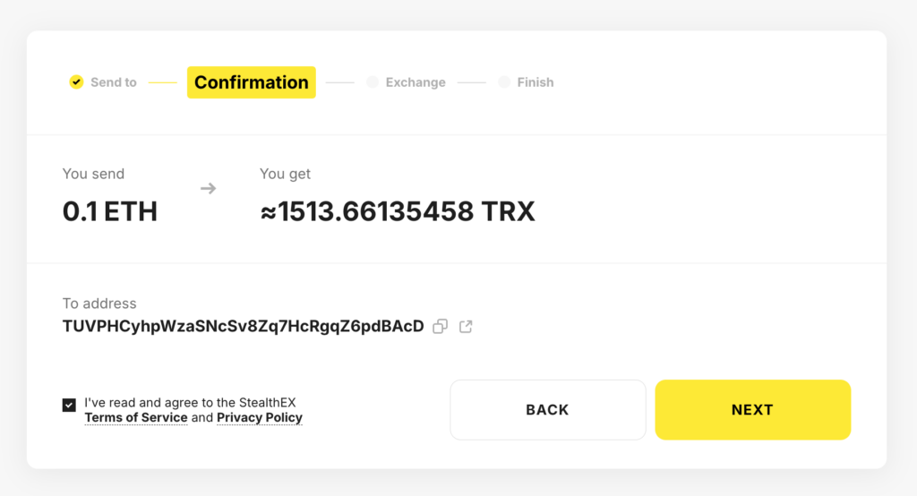 ETH to TRX Crypto Exchange - STEP 2