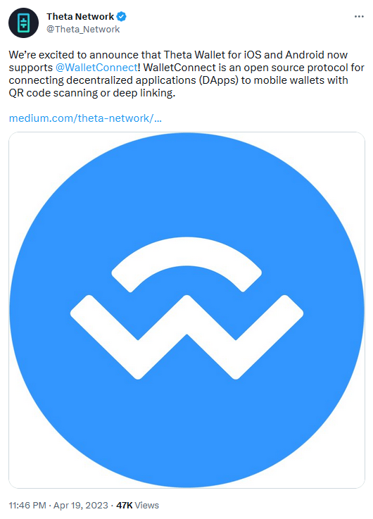 THETA through the official wallet app that now supports the WalletConnect protocol. 