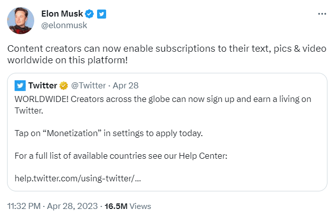 Elon Musk Introduces Twitter Monetization System for Content Creators