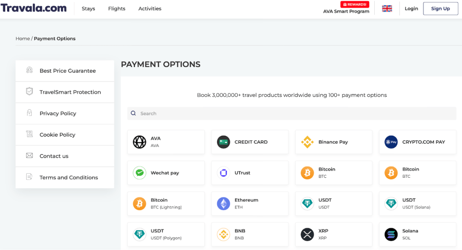 Travala’s Website and the Range of Payment Crypto Options